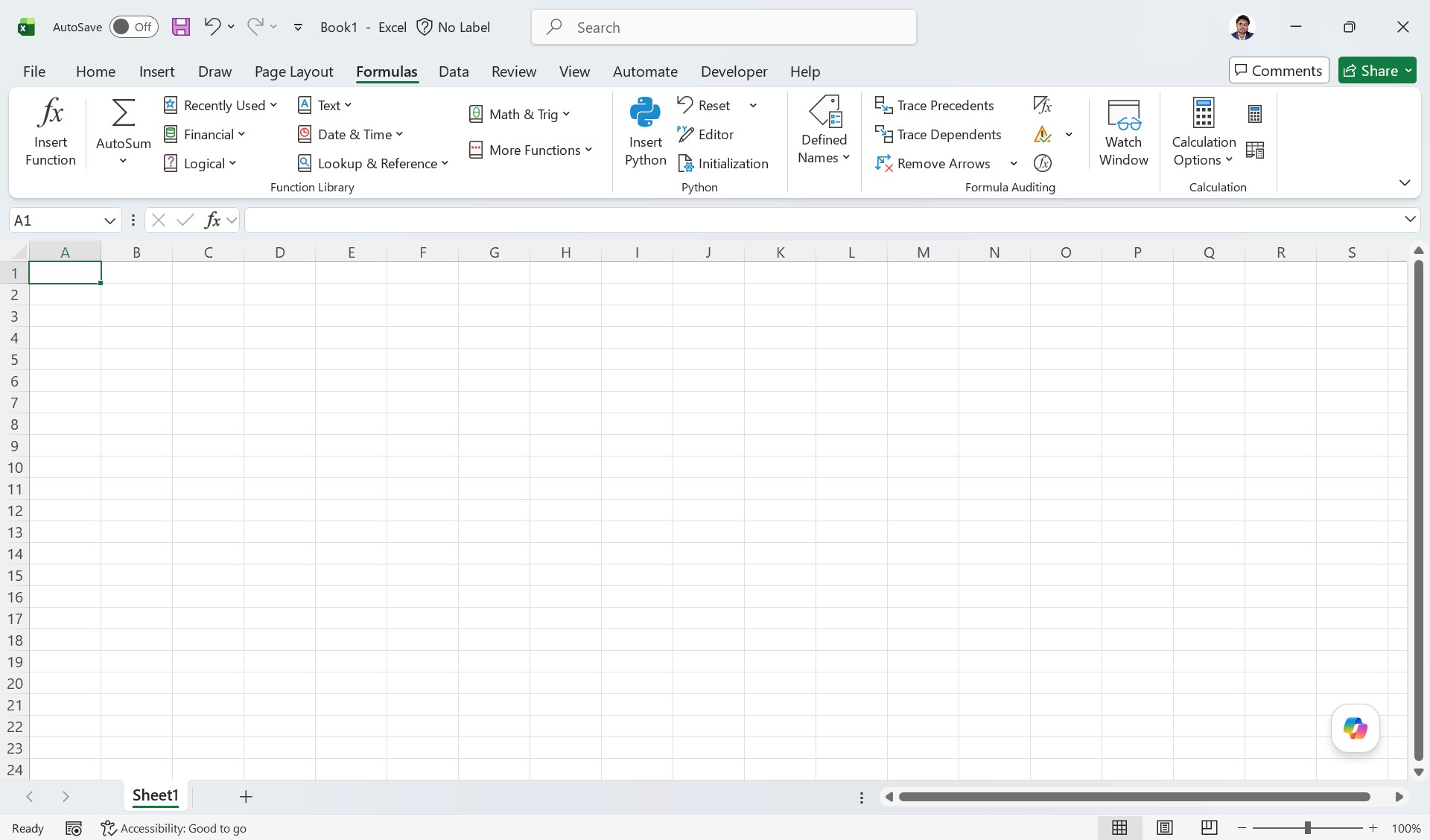 MS Excel Interface - Formulas