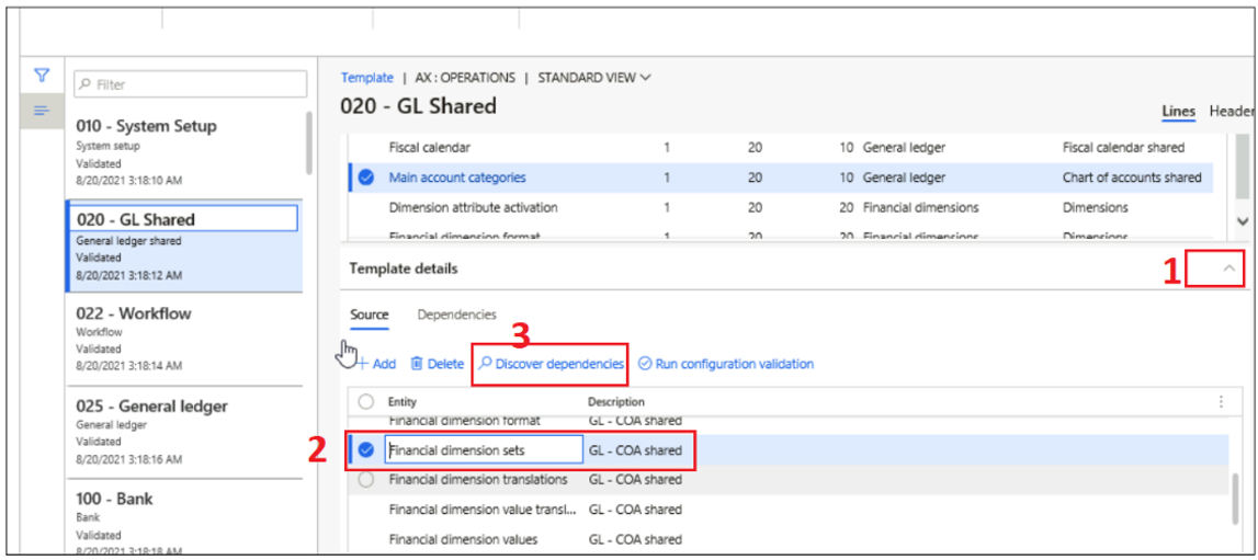 Screenshot of 020 - GL Shared with Template details expanded and Discover dependencies highlighted Screenshot of 020 - GL Shared with Template details expanded and Discover dependencies highlighted