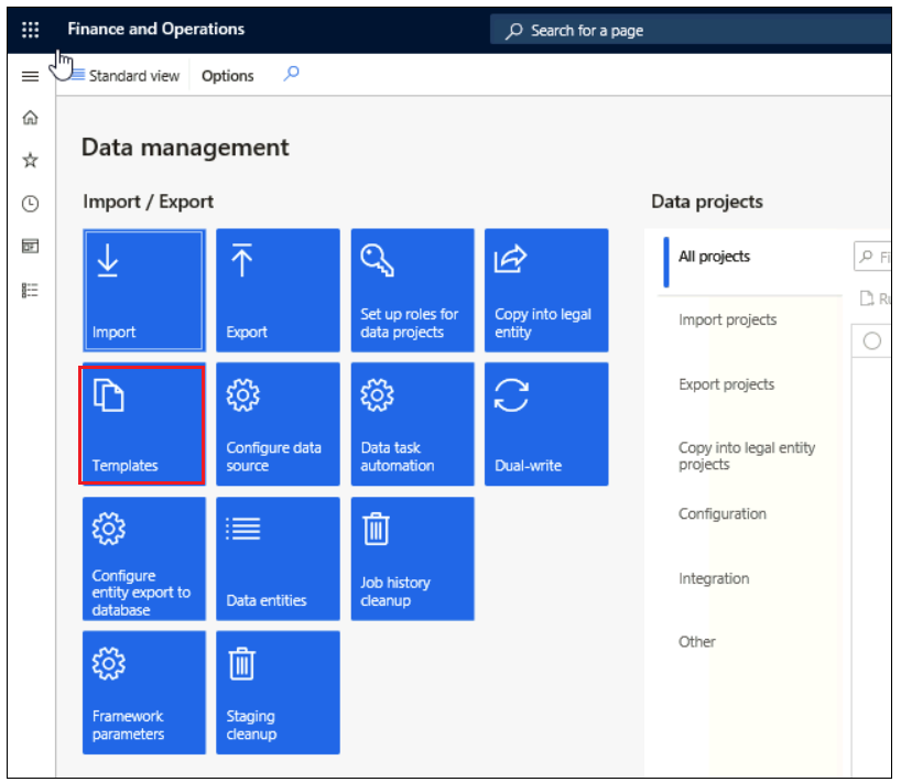Screenshot of Data management Import / Export tiles with Templates tile highlighted Screenshot of Data management Import / Export tiles with Templates tile highlighted