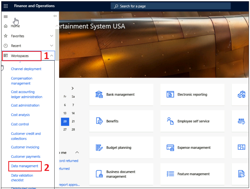 Screenshot of Finance and Operations with Workspaces and Data management highlighted Screenshot of Finance and Operations with Workspaces and Data management highlighted