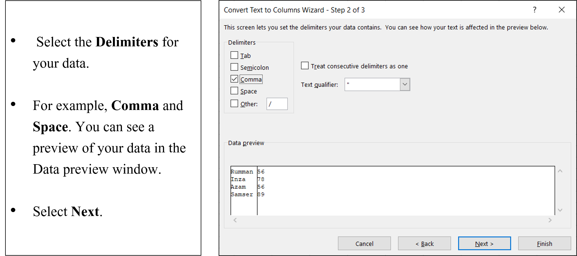 Text To Columns Steps3
